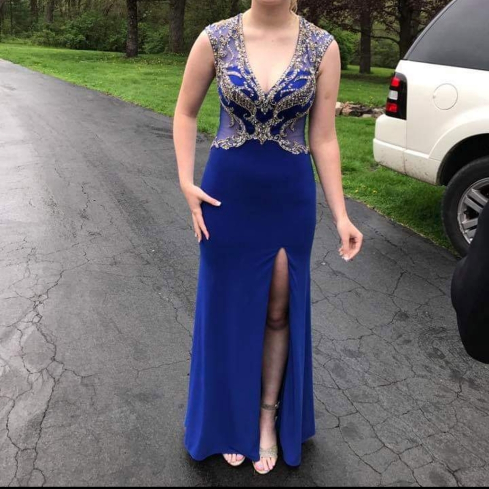 STUNNING Royal Blue Full Length V-neck Black Tie Dress by Splash. Sz 2. 😍